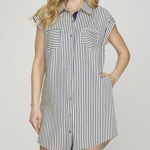 SHE + SKY NAVY & WHITE STRIPED GAME DAY SHIRT DRESS